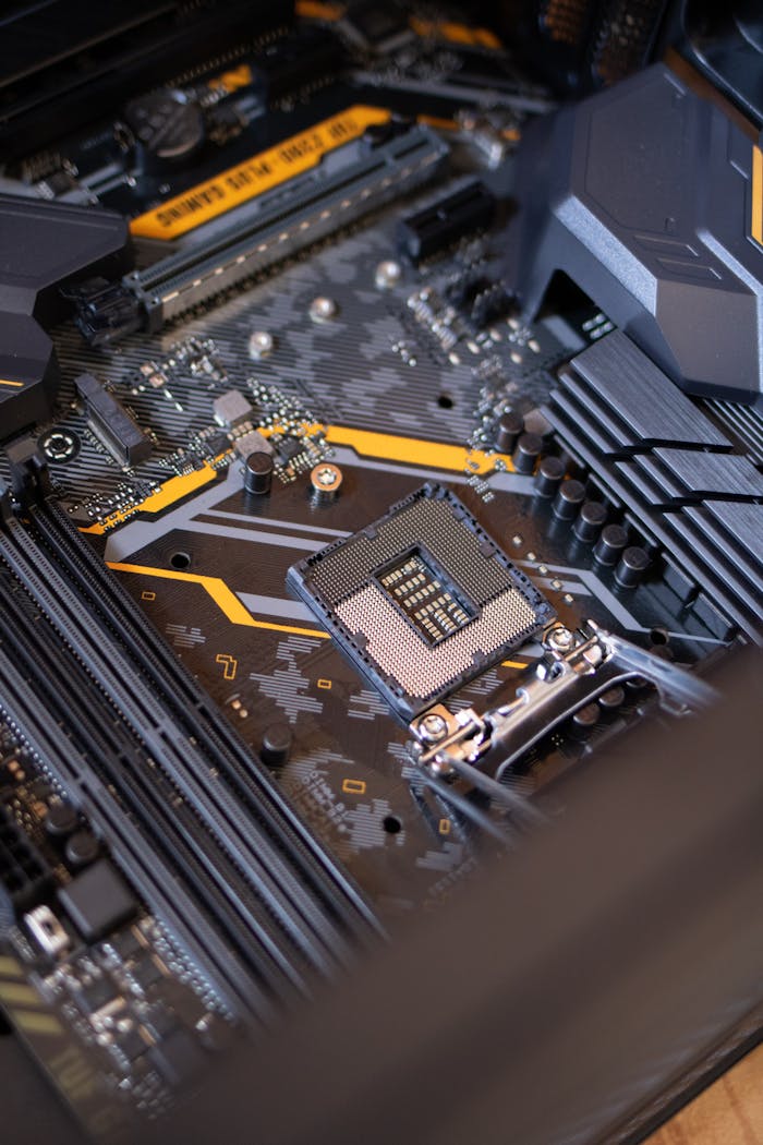 Home Detailed view of a computer motherboard highlighting electronic components and technology connections.